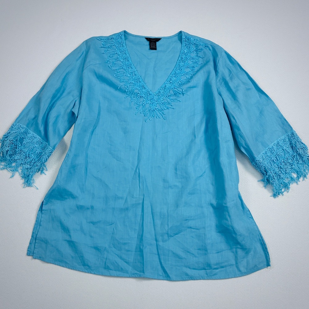 Silkland Woman Tunic Top 100% Linen Blue Coastal Bohemian  Festival Feminine 1X